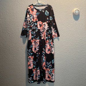 *3/$30* Girls Long Sleeve Black w/Pink Floral Empire Waist Maxi Dress w Pockets